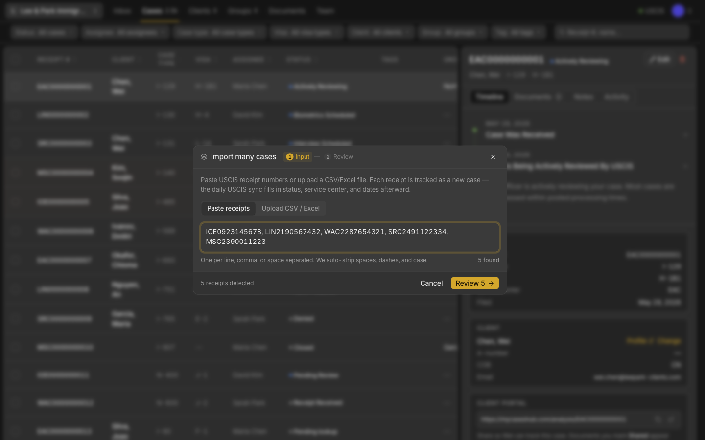 Bulk importing a caseload by pasting USCIS receipt numbers