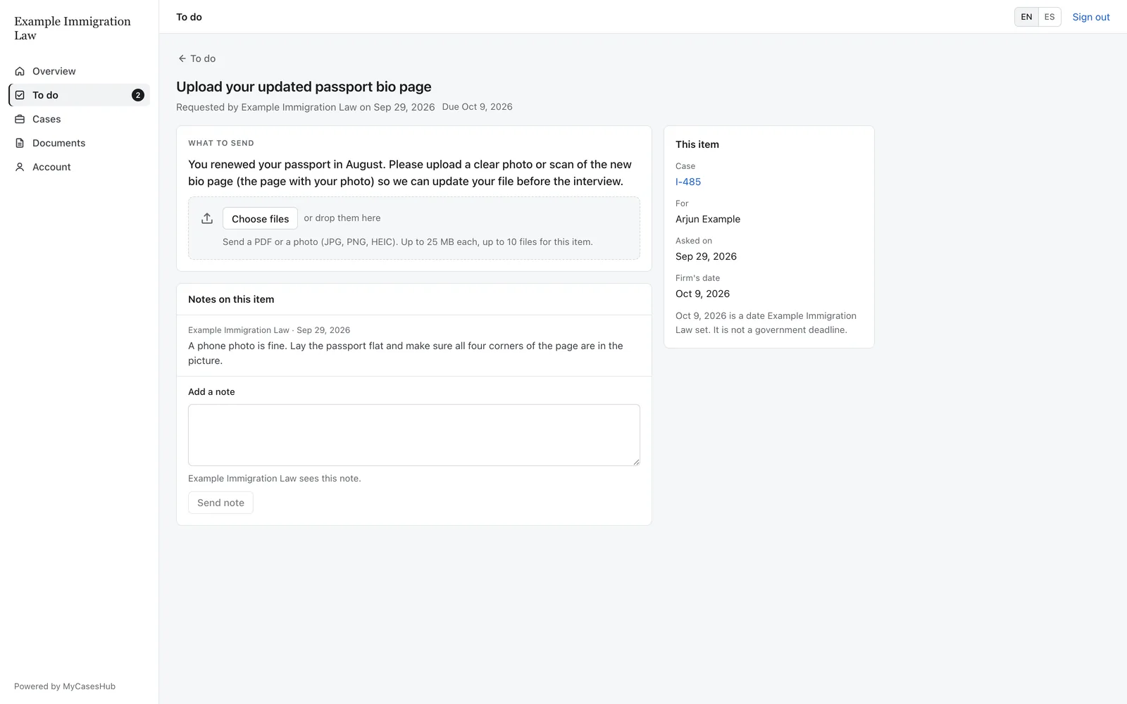 A document request in the client portal with its due date and an upload control